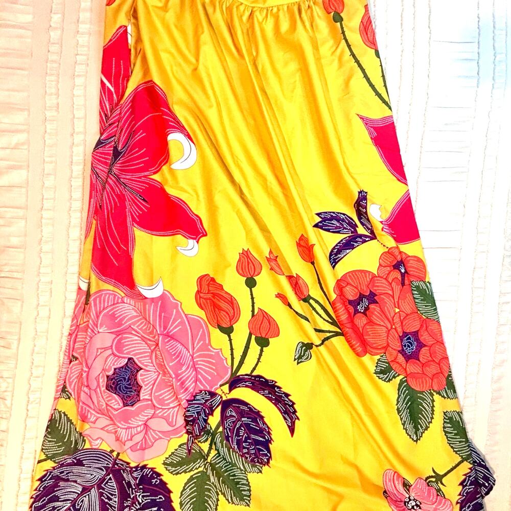 Yellow Floral Maxi Skirt Large Elastic Waist Boho Resort Vacation Cottagecore - Picture 2 of 7